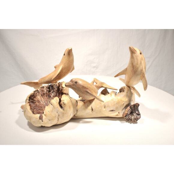 Hand Carved Dolphins Figures on Driftwood Art Beach Coastal Cabin Decor - Picture 1 of 12